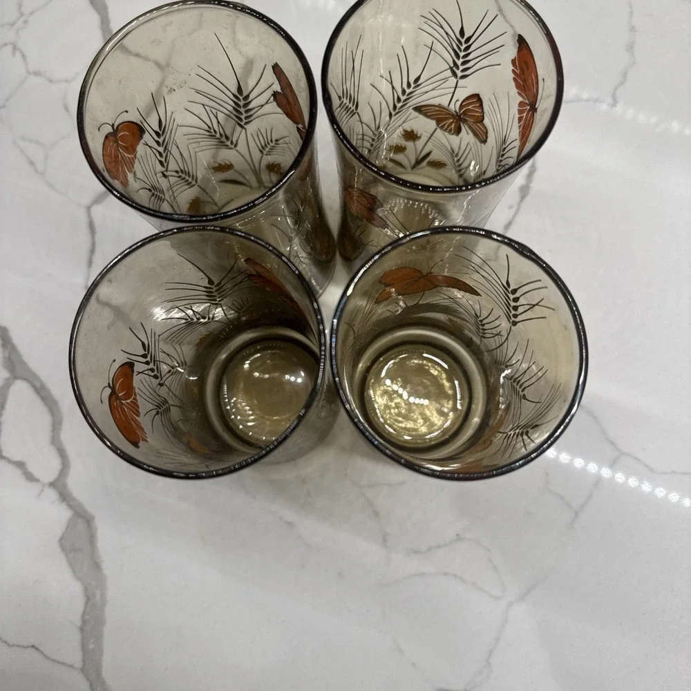 VINTAGE Libbey Amber Monarch Butterfly & Wheat Tumbler Glasses Set of 4